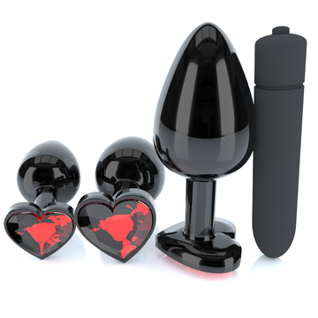 Plating Black Metal Anal Plug Romantic Red Heart Crystal Base Mooth Butt Plug Anal Bead Couple Anus Dilator Metal Ball Massager